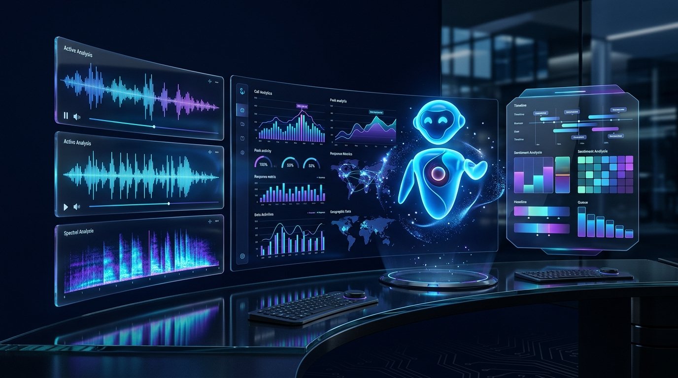 BotAI Studio AI Dashboard — futuristic call analytics and voice agent interface